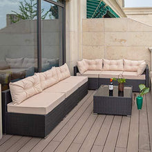 Load image into Gallery viewer, Amolife 7 Pieces Patio PE Rattan Sofa Chair Set Outdoor Sectional Furniture Black Wicker Conversation Set with Tan Cushions Covers and Tea Table
