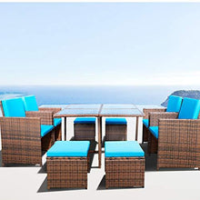 Load image into Gallery viewer, Devoko 9 Pieces Patio Dining Sets Outdoor Space Saving Rattan Chairs with Glass Table Patio Furniture Sets Cushioned Seating and Back Sectional Conversation Set (Blue)
