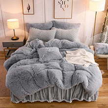 Load image into Gallery viewer, LIFEREVO Luxury Plush Shaggy Duvet Cover Set (1 Faux Fur Duvet Cover + 2 Pompoms Fringe Pillow Shams) Solid, Zipper Closure (Queen Gray)
