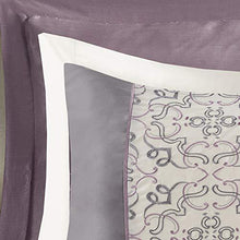 Load image into Gallery viewer, Madison Park Essentials Jelena Room in A Bag Faux Silk Comforter Classic Luxe All Season Down Alternative Bedding, Matching Bedskirt, Curtains, Decorative Pillows, Queen(90"x90"), Purple
