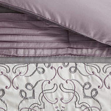 Load image into Gallery viewer, Madison Park Essentials Jelena Room in A Bag Faux Silk Comforter Classic Luxe All Season Down Alternative Bedding, Matching Bedskirt, Curtains, Decorative Pillows, Queen(90"x90"), Purple

