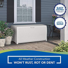 Load image into Gallery viewer, Suncast 99 Gallon Resin Wicker Patio Storage Box - Water Resistant Outdoor Storage Container for Toys, Furniture, Yard Tools - Store Items on Deck, Porch, Backyard - White
