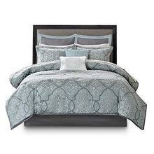 Load image into Gallery viewer, Madison Park Cozy Bed in a Bag Comforter, Traditional Luxe Jacquard Design All Season Down Alternative Cover with Complete Sheet Set, Queen(90"x92"), LaVine, Blue 12 Piece
