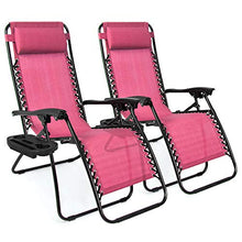 Load image into Gallery viewer, Best Choice Products Set of 2 Adjustable Steel Mesh Zero Gravity Lounge Chair Recliners w/Pillows and Cup Holder Trays - Pink

