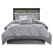 Load image into Gallery viewer, Madison Park Essentials Jordan Cozy Room in A Bag Comforter &amp; Complete Sheet Set, Window Treatment, Luxe Jacquard Damask Print, All Season Bedding, Pillows, Queen(90"x90"), Grey 24 Piece
