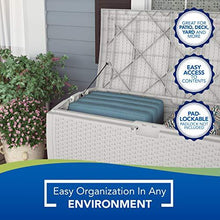 Load image into Gallery viewer, Suncast 99 Gallon Resin Wicker Patio Storage Box - Water Resistant Outdoor Storage Container for Toys, Furniture, Yard Tools - Store Items on Deck, Porch, Backyard - White
