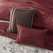 Load image into Gallery viewer, Madison Park Serene Faux Silk Comforter Floral Embroidery Design All Season Set, Matching Bed Skirt, Decorative Pillows, King(104"x92"), Red, 7 Piece
