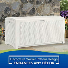 Load image into Gallery viewer, Suncast 99 Gallon Resin Wicker Patio Storage Box - Water Resistant Outdoor Storage Container for Toys, Furniture, Yard Tools - Store Items on Deck, Porch, Backyard - White
