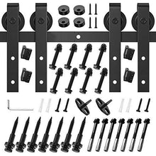 Load image into Gallery viewer, Homlux 12ft Heavy Duty Sturdy Sliding Barn Door Hardware Kit Double Door - Smoothly and Quietly - Simple and Easy to Install - Fit 1 3/8-1 3/4" Thickness Door Panel(Black)(J Shape Hangers)
