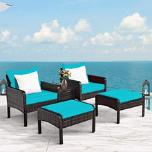 Load image into Gallery viewer, Tangkula Wicker Furniture Set 5 Pieces PE Wicker Rattan Outdoor All Weather Cushioned Sofas and Ottoman Set Lawn Pool Balcony Conversation Set Chat Set (Turquoise)
