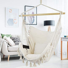 Load image into Gallery viewer, WBHome Hammock Chair Swing with Hanging Hardware Kit- Beige, Cotton Canvas, Include Carry Bag &amp; Two Seat Cushions, for Bedroom Indoor Outdoor, Max. Weight 330 Lbs
