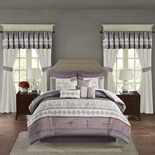 Load image into Gallery viewer, Madison Park Essentials Jelena Room in A Bag Faux Silk Comforter Classic Luxe All Season Down Alternative Bedding, Matching Bedskirt, Curtains, Decorative Pillows, Queen(90"x90"), Purple
