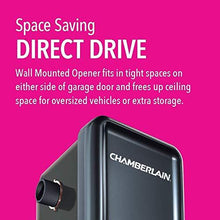 Load image into Gallery viewer, Chamberlain Smart Garage Door Opener - Wall Mounted with Battery Backup - Bright LED Lighting - myQ Smartphone Controlled Ultra Quiet Space Saving Direct Drive, Model RJO70, Black
