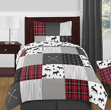 Load image into Gallery viewer, Sweet Jojo Designs Grey, Black and Red Woodland Plaid and Arrow Rustic Patch Boy Twin Kid Childrens Bedding Comforter Set 4 Pieces - Flannel Moose Gray
