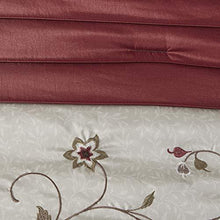 Load image into Gallery viewer, Madison Park Serene Faux Silk Comforter Floral Embroidery Design All Season Set, Matching Bed Skirt, Decorative Pillows, King(104"x92"), Red, 7 Piece
