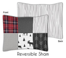 Load image into Gallery viewer, Sweet Jojo Designs Grey, Black and Red Woodland Plaid and Arrow Rustic Patch Boy Twin Kid Childrens Bedding Comforter Set 4 Pieces - Flannel Moose Gray
