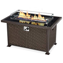 Load image into Gallery viewer, U-MAX 44in Outdoor Propane Gas Fire Pit Table, 50,000 BTU Auto-Ignition Gas Firepit with Glass Wind Guard, Black Tempered Glass Tabletop &amp; Blue Glass Rock, Brown PE Rattan, CSA Certification
