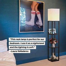 Load image into Gallery viewer, Brightech Maxwell Charger - Shelf Floor Lamp with USB Charging Ports and Electric Outlet - Tall, Narrow Tower Nightstand for Bedroom - Modern, Asian End Table with Light Attached - Black
