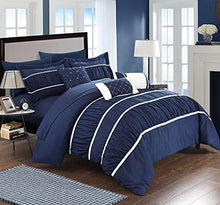Load image into Gallery viewer, Chic Home Cheryl Comforter Complete Bag Pleated Ruched Ruffled Bedding with Sheet Set and Decorative Pillows Shams Included, Queen, Navy
