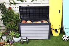 Load image into Gallery viewer, KETER Denali 100 Gallon Resin Large Deck Box-Organization and Storage for Patio Furniture, Outdoor Cushions, Garden Tools and Pool Toys, Grey/Black
