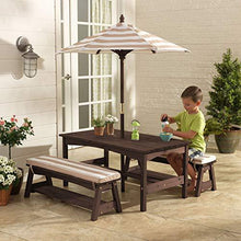 Load image into Gallery viewer, KidKraft Outdoor Table and Bench Set with Cushions and Umbrella, Kids Backyard Furniture, Espresso with Oatmeal and White Striped Fabric ,Gift for Ages 3-8
