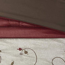Load image into Gallery viewer, Madison Park Serene Faux Silk Comforter Floral Embroidery Design All Season Set, Matching Bed Skirt, Decorative Pillows, King(104"x92"), Red, 7 Piece

