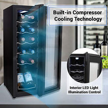 Load image into Gallery viewer, Nutrichef PKCWC120 Refrigerator-White &amp; Red Chiller Countertop Cooler-Freestanding Compact Mini Wine Fridge 12 Bottle Capacity, Digital Control, Glass Door
