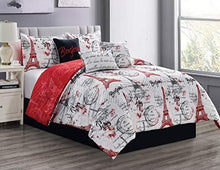 Load image into Gallery viewer, Sapphire Home 7 Piece Queen Comforter Set with Shams Bedskirt Cushions, Paris Eiffel Tower Theme Bed Cover Bed in a Bag, Red White, 7pc Comforter Queen Paris Red

