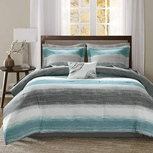 Load image into Gallery viewer, Madison Park Essentials Cozy Bed in a Bag Comforter, Vibrant Color Design All Season Down Alternative Cover with Complete Sheet Set, Queen(90"x90"), Stripe Aqua
