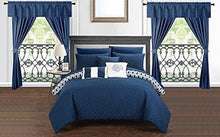 Load image into Gallery viewer, Chic Home Sigal 20 Piece Comforter Set Reversible Geometric Quilted Design Complete Bed in a Bag Bedding – Sheets Decorative Pillows Shams Window Treatments Curtains Included Queen Navy
