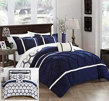 Load image into Gallery viewer, Chic Home Marcia 4 Piece Comforter Set Printed Pinch Pleated Ruffled and Reversible Geometric Design with Decorative Pillow and Sham, Full/Queen, Navy
