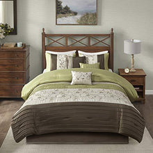 Load image into Gallery viewer, Madison Park Serene Faux Silk Comforter Floral Embroidery Design All Season Set, Matching Bed Skirt, Decorative Pillows, Queen(90"x90"), Green 7 Piece
