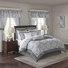 Load image into Gallery viewer, Madison Park Essentials Jordan Cozy Room in A Bag Comforter &amp; Complete Sheet Set, Window Treatment, Luxe Jacquard Damask Print, All Season Bedding, Pillows, Queen(90"x90"), Grey 24 Piece

