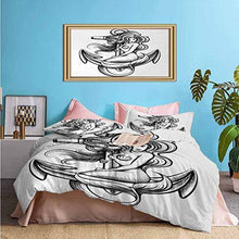 Load image into Gallery viewer, Anchor 3 Piece Duvet Cover Monochrome Long Haired Mermaid Motif Tattoo Art Design Ancient Greek Folklore Printed Modern Bedding Set Black and White – Comforter Cover and 2 Pillow Shams Full Size
