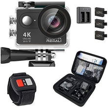 Load image into Gallery viewer, REMALI CaptureCam 4K Ultra HD and 12MP Waterproof Sports Action Camera Kit with Carrying Case, 3 Batteries, Dual Battery Charger, 2” LCD Screen, WiFi, Remote Control, and 21 Mounts and Accessories
