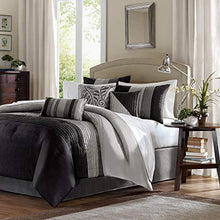 Load image into Gallery viewer, Madison Park Amherst Faux Silk Comforter Set-Casual Contemporary Design All Season Down Alternative Bedding, Matching Shams, Bedskirt, Decorative Pillows, Queen(90"x90"), Black, 7 Piece
