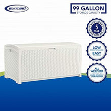 Load image into Gallery viewer, Suncast 99 Gallon Resin Wicker Patio Storage Box - Water Resistant Outdoor Storage Container for Toys, Furniture, Yard Tools - Store Items on Deck, Porch, Backyard - White

