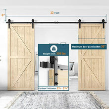 Load image into Gallery viewer, Homlux 12ft Heavy Duty Sturdy Sliding Barn Door Hardware Kit Double Door - Smoothly and Quietly - Simple and Easy to Install - Fit 1 3/8-1 3/4" Thickness Door Panel(Black)(J Shape Hangers)
