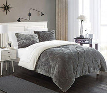 Load image into Gallery viewer, Chic Home 3 Piece Josepha Pinch Pleated Ruffled &amp; Pintuck Sherpa Lined Comforter Set, Queen, Grey
