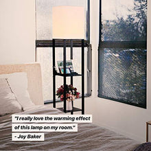 Load image into Gallery viewer, Brightech Maxwell Charger - Shelf Floor Lamp with USB Charging Ports and Electric Outlet - Tall, Narrow Tower Nightstand for Bedroom - Modern, Asian End Table with Light Attached - Black
