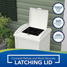 Load image into Gallery viewer, Suncast 33 Gallon Hideaway Trash Can for Patio - Resin Outdoor Trash with Lid - Use in Backyard, Deck, or Patio - White, Model:GHW1732WH
