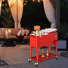 Load image into Gallery viewer, VINGLI 80 Quart Rolling Ice Chest on Wheels, Portable Patio Party Bar Drink Cooler Cart, with Shelf, Beverage Pool with Bottle Opener,Water Pipe and Cover (Red)
