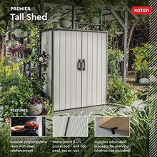 Load image into Gallery viewer, Keter Premier Tall Resin Outdoor Storage Shed with Shelving Brackets for Patio Furniture, Pool Accessories, and Bikes, Grey &amp; Black
