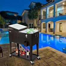 Load image into Gallery viewer, VINGLI 80 Quart Rolling Ice Chest on Wheels, Portable Patio Party Bar Drink Cooler Cart, Wicker PP Rattan with Shelf, Beverage Pool with Bottle Opener and Rolling Cover

