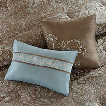 Load image into Gallery viewer, Madison Park Essentials Brystol 24 Piece Room in a Bag Faux Silk Comforter Jacquard Paisley Design Matching Curtains Down Alternative Hypoallergenic All Season Bedding-Set, Queen(90"x90"), Blue

