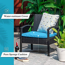 Load image into Gallery viewer, M&amp;W 3 Pieces Patio Furniture Set, Wicker Outdoor Chairs and Coffee Table for Balcony, PE Rattan Bistro Table Set for Lawn, Garden, Backyard, Turquoise (Throw Pillow NOT Included)
