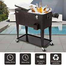 Load image into Gallery viewer, VINGLI 80 Quart Rolling Ice Chest on Wheels, Portable Patio Party Bar Drink Cooler Cart, Wicker PP Rattan with Shelf, Beverage Pool with Bottle Opener and Rolling Cover
