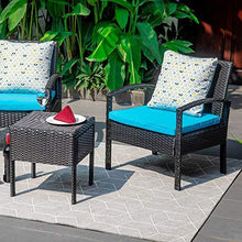 Load image into Gallery viewer, M&amp;W 3 Pieces Patio Furniture Set, Wicker Outdoor Chairs and Coffee Table for Balcony, PE Rattan Bistro Table Set for Lawn, Garden, Backyard, Turquoise (Throw Pillow NOT Included)
