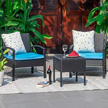 Load image into Gallery viewer, M&amp;W 3 Pieces Patio Furniture Set, Wicker Outdoor Chairs and Coffee Table for Balcony, PE Rattan Bistro Table Set for Lawn, Garden, Backyard, Turquoise (Throw Pillow NOT Included)
