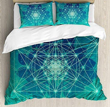 Load image into Gallery viewer, Ambesonne Geometry Duvet Cover Set, Digital Futuristic Tree of Life with Space Plains Pattern, Decorative 3 Piece Bedding Set with 2 Pillow Shams, Queen Size, Teal Green
